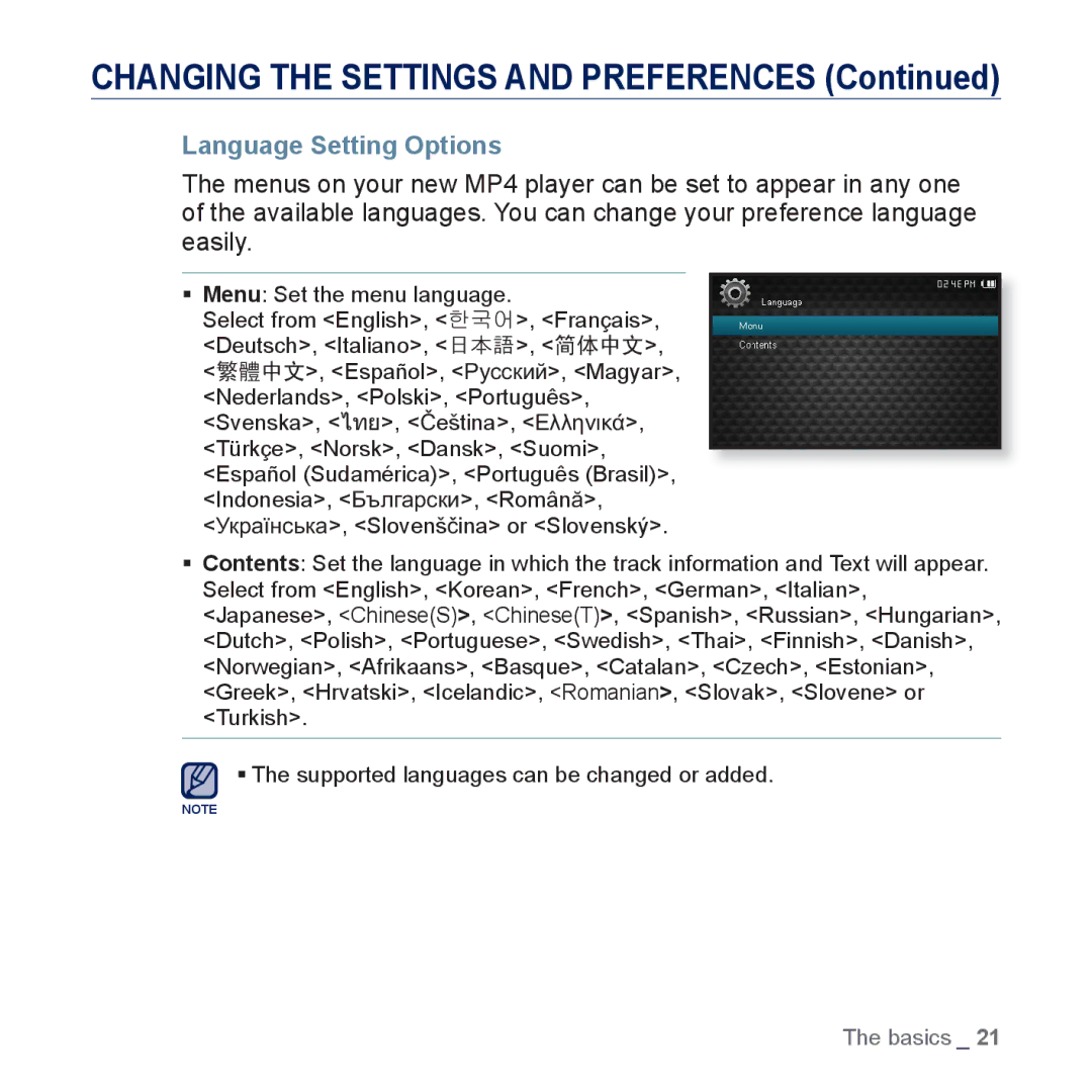 Samsung YP-CP3AB/XEF, YP-CP3ABB/XEF, YP-CP3AB/EDC, YP-CP3AB/CHN manual Language Setting Options 