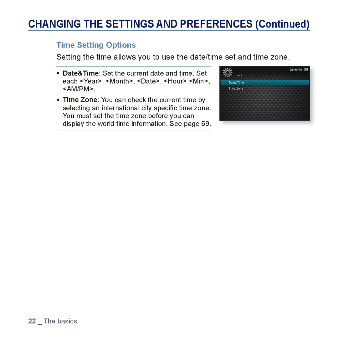 Samsung YP-CP3AB/EDC, YP-CP3ABB/XEF, YP-CP3AB/XEF, YP-CP3AB/CHN manual Time Setting Options 