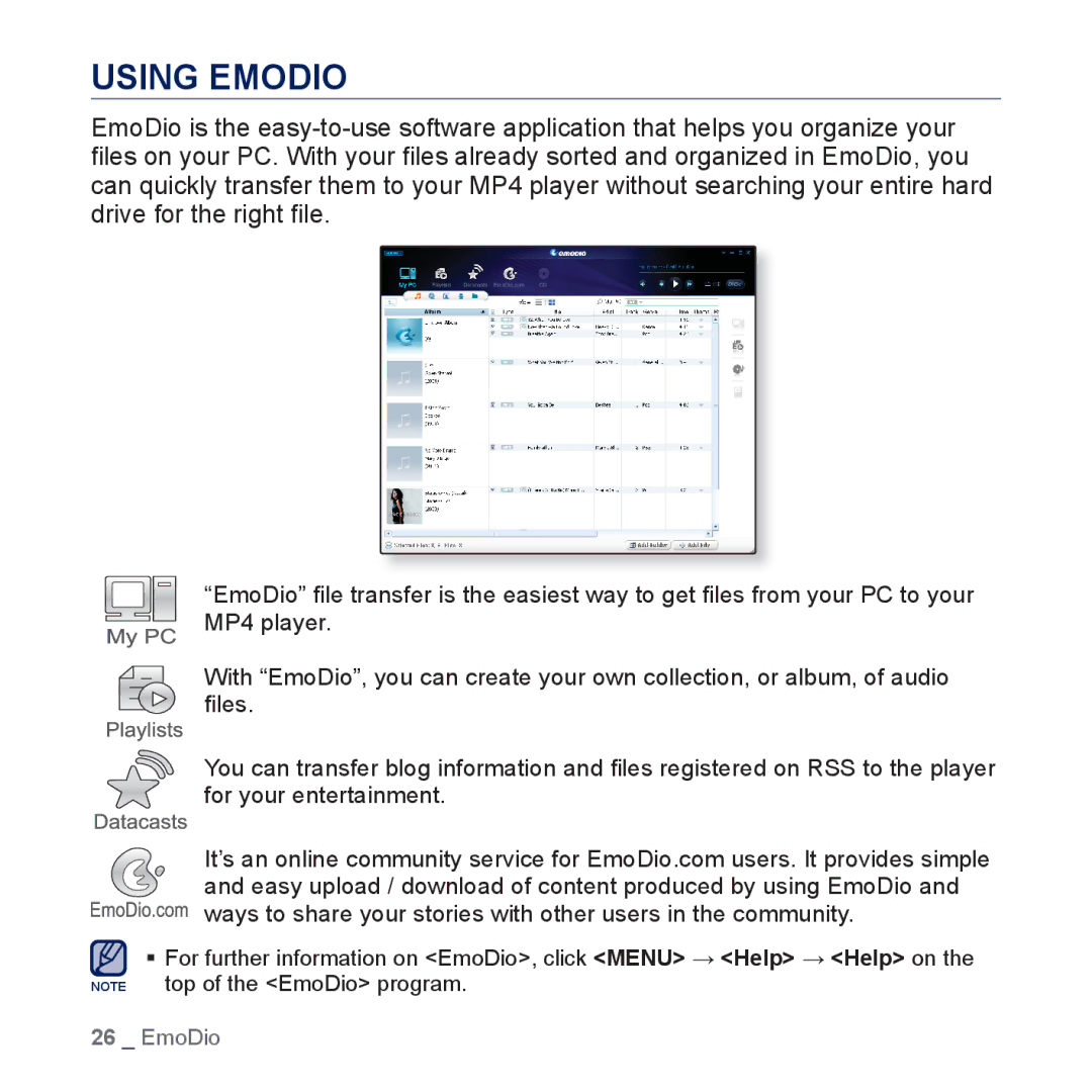 Samsung YP-CP3AB/EDC, YP-CP3ABB/XEF, YP-CP3AB/XEF, YP-CP3AB/CHN manual Using Emodio 