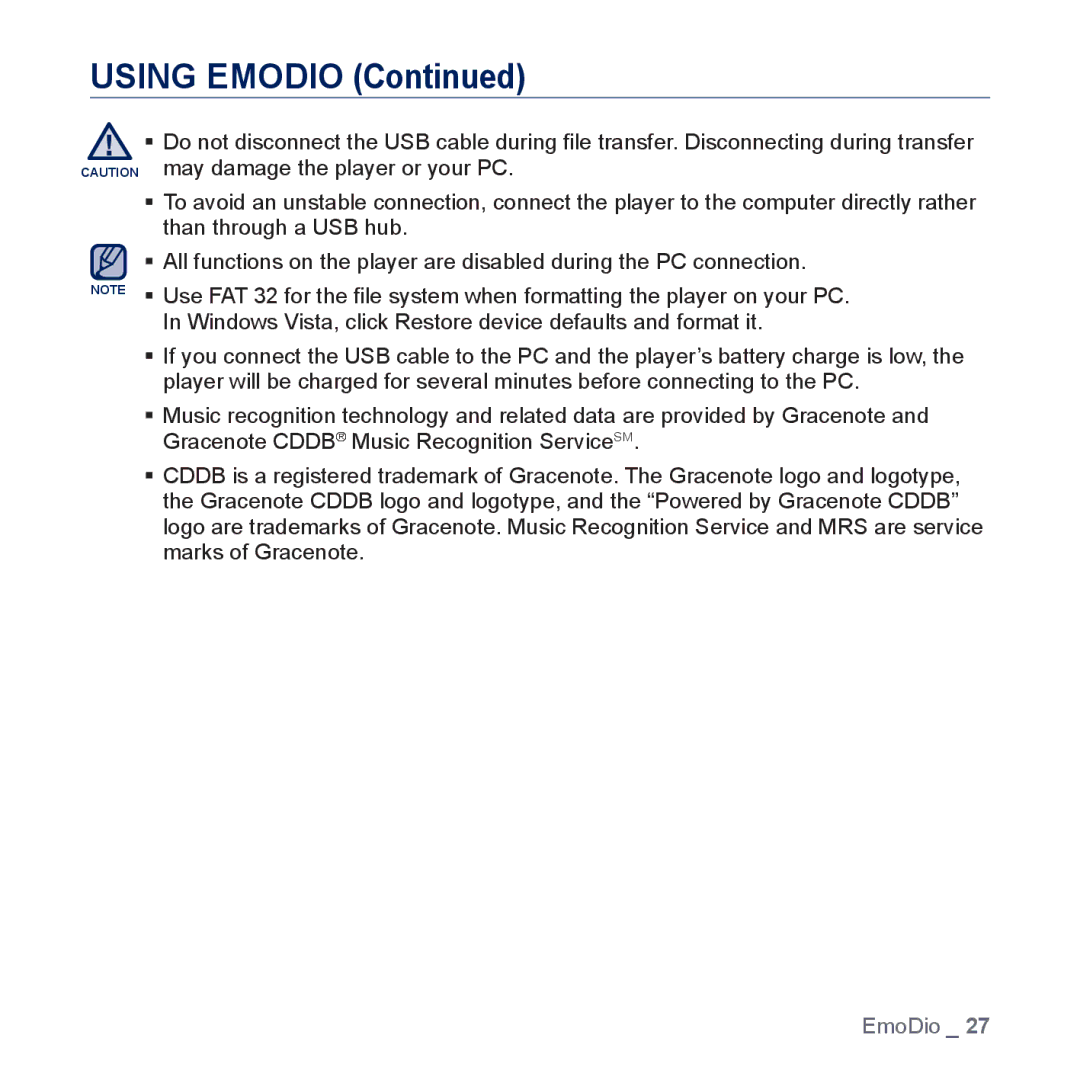 Samsung YP-CP3AB/CHN, YP-CP3ABB/XEF, YP-CP3AB/XEF, YP-CP3AB/EDC manual Using Emodio 