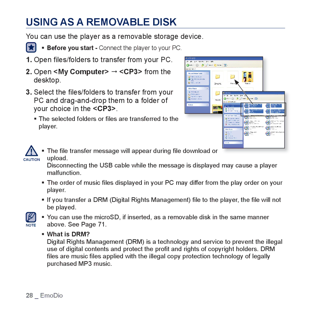 Samsung YP-CP3ABB/XEF, YP-CP3AB/XEF manual Using AS a Removable Disk, You can use the player as a removable storage device 