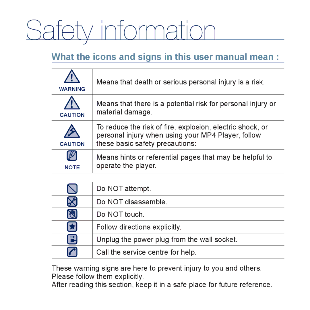 Samsung YP-CP3AB/CHN, YP-CP3ABB/XEF, YP-CP3AB/XEF, YP-CP3AB/EDC manual Safety information 