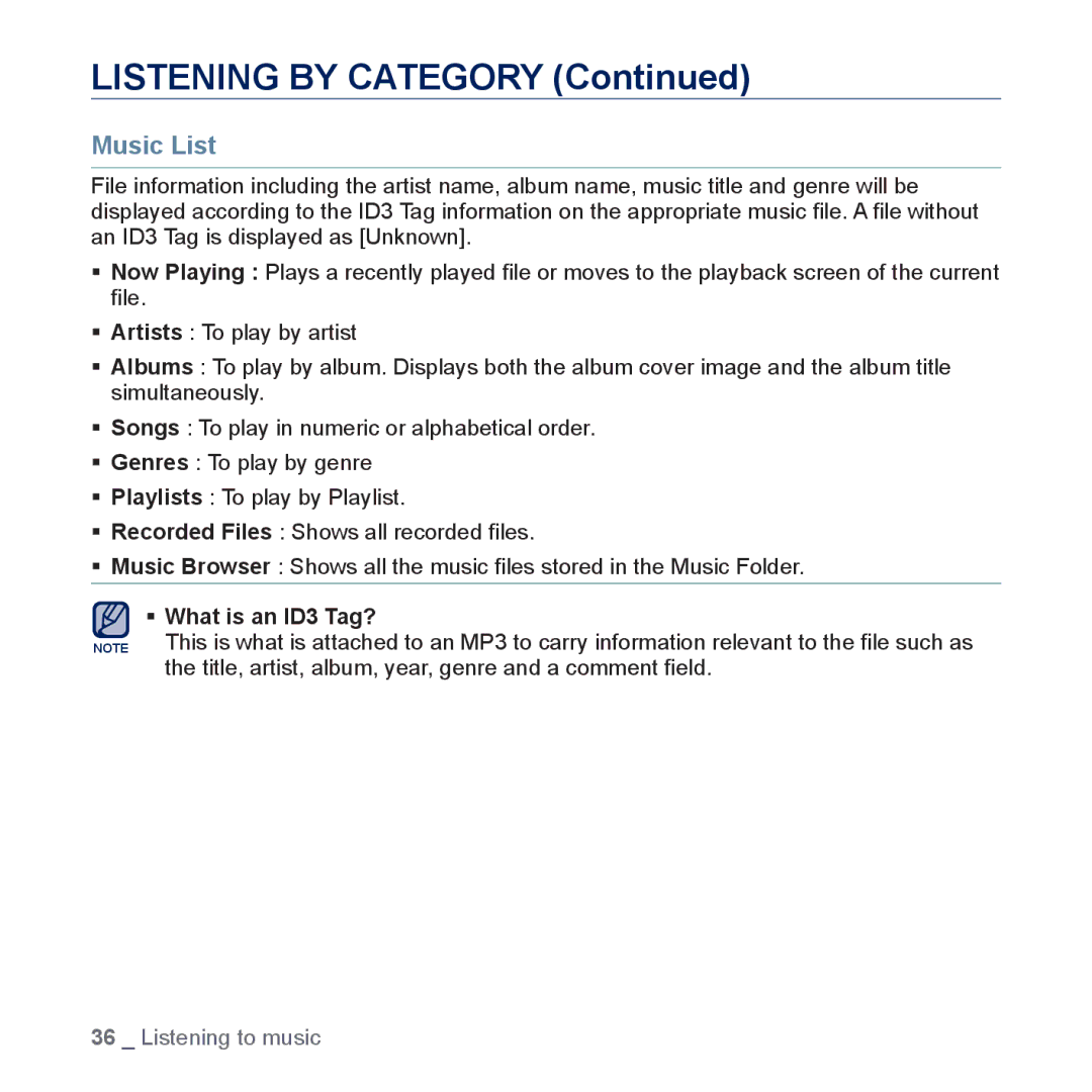 Samsung YP-CP3ABB/XEF, YP-CP3AB/XEF, YP-CP3AB/EDC, YP-CP3AB/CHN manual Listening by Category, Music List 