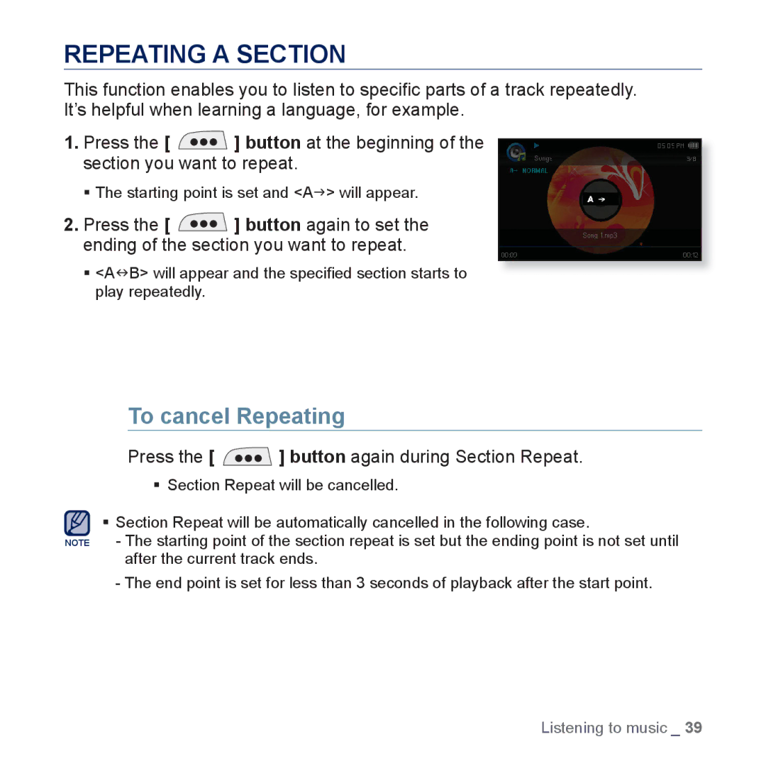 Samsung YP-CP3AB/CHN, YP-CP3ABB/XEF Repeating a Section, To cancel Repeating, Press the button again during Section Repeat 