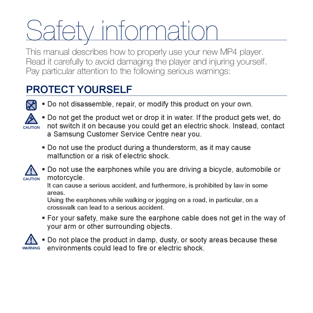 Samsung YP-CP3ABB/XEF, YP-CP3AB/XEF, YP-CP3AB/EDC, YP-CP3AB/CHN manual Protect Yourself 