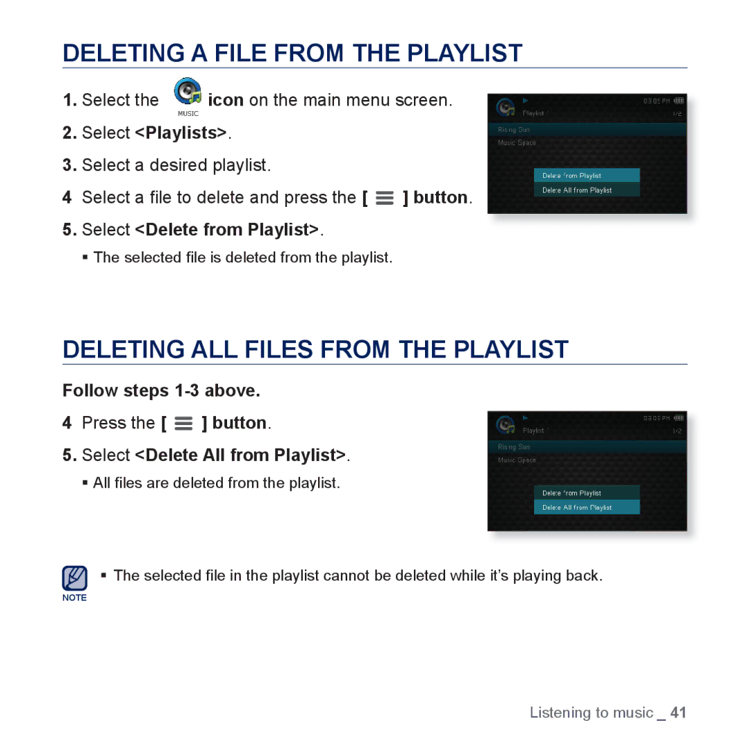 Samsung YP-CP3AB/XEF Deleting a File from the Playlist, Deleting ALL Files from the Playlist, Select Delete from Playlist 