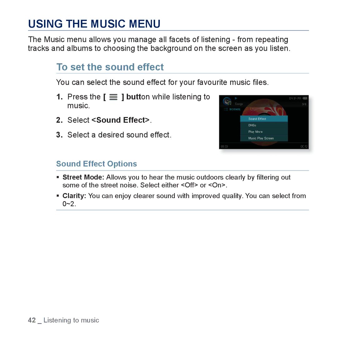 Samsung YP-CP3AB/EDC Using the Music Menu, To set the sound effect, Select Sound Effect, Select a desired sound effect 