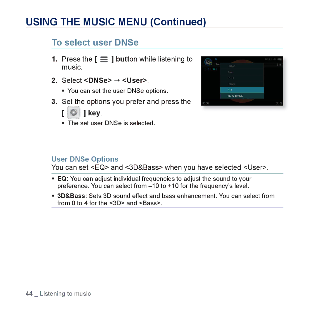 Samsung YP-CP3ABB/XEF, YP-CP3AB/XEF, YP-CP3AB/EDC manual To select user DNSe, Select DNSe  User, Key, User DNSe Options 