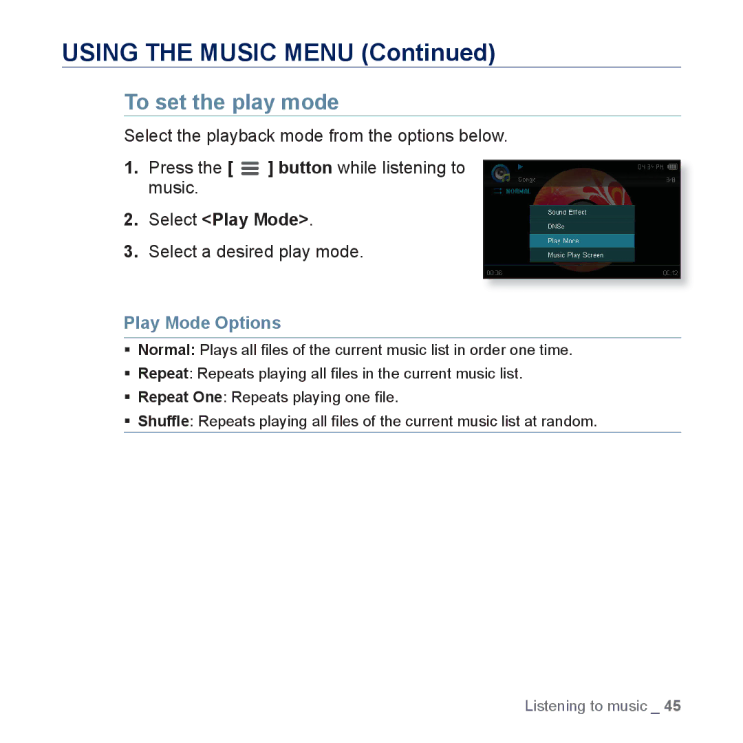 Samsung YP-CP3AB/XEF, YP-CP3ABB/XEF To set the play mode, Select Play Mode, Select a desired play mode, Play Mode Options 