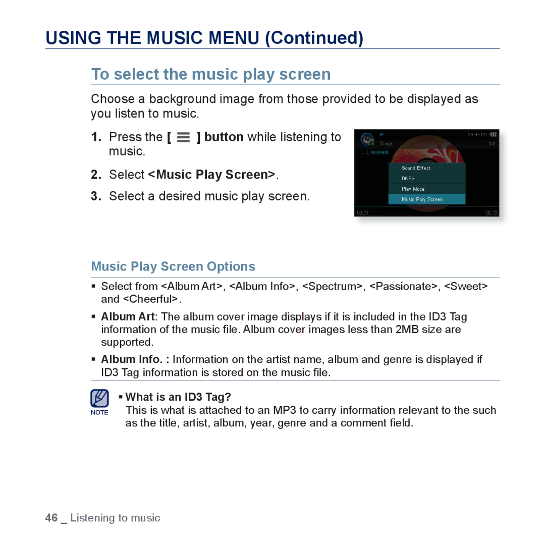 Samsung YP-CP3AB/EDC manual To select the music play screen, Select Music Play Screen, Select a desired music play screen 