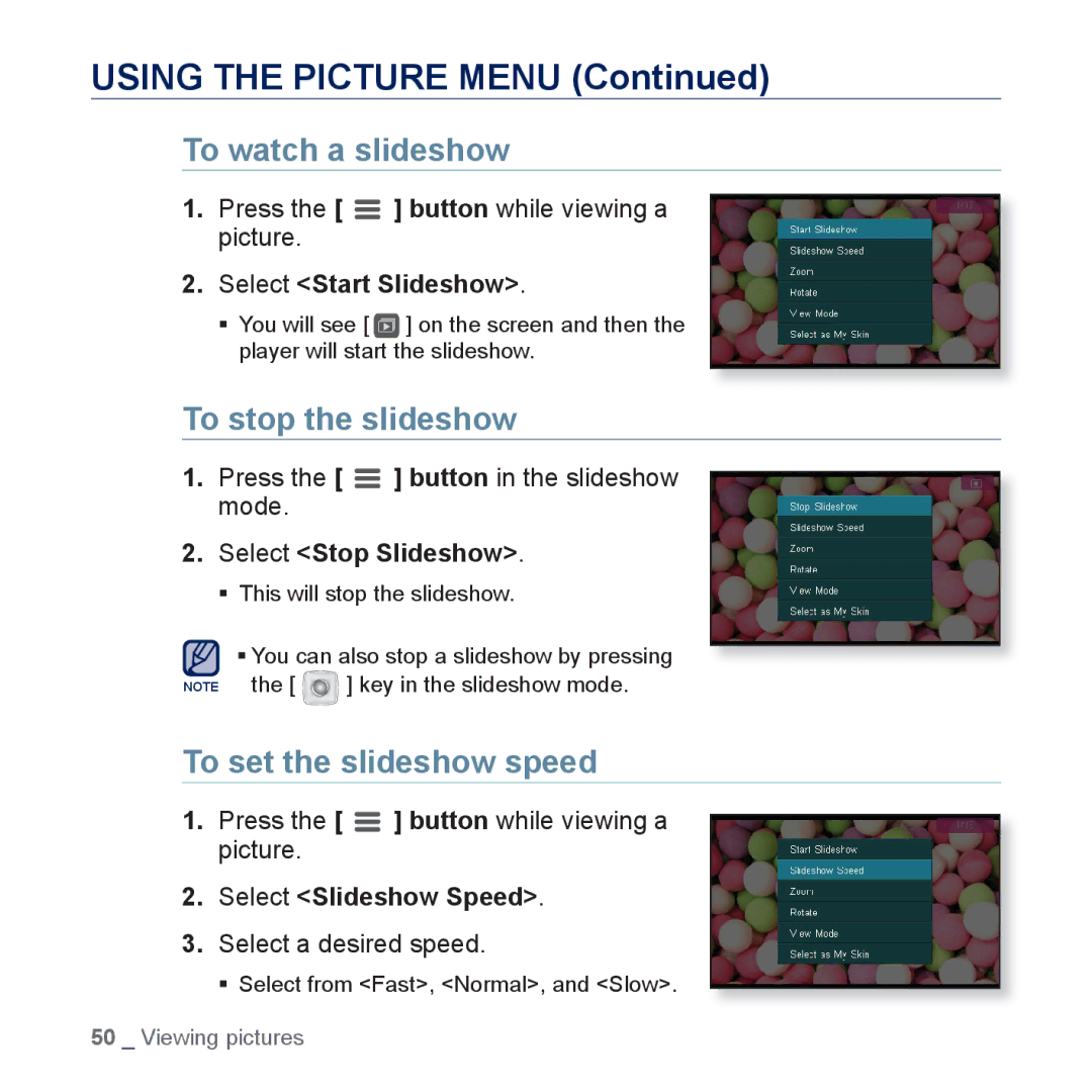 Samsung YP-CP3AB/EDC manual Using the Picture Menu, To watch a slideshow, To stop the slideshow, To set the slideshow speed 