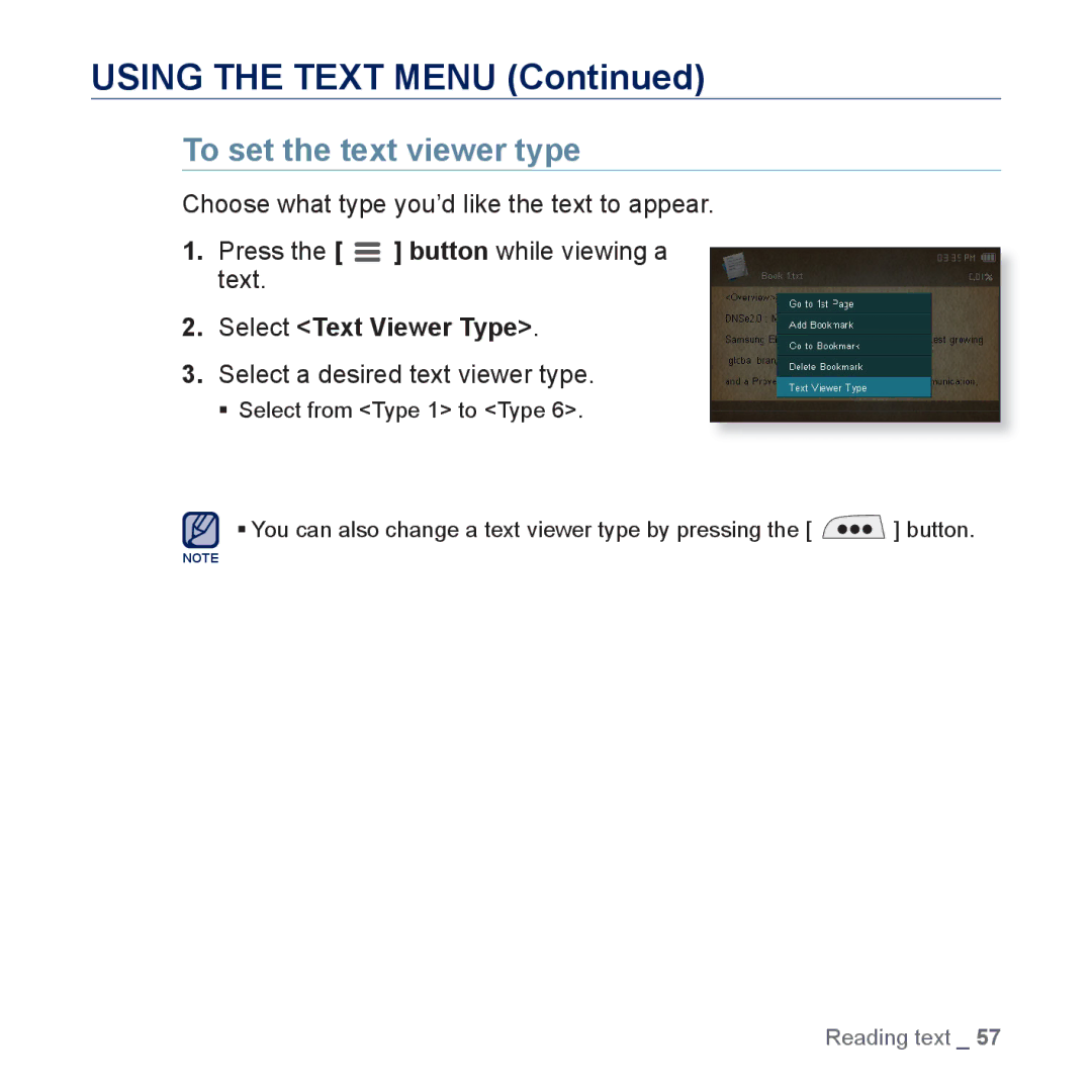 Samsung YP-CP3AB/XEF, YP-CP3AB/EDC To set the text viewer type, Select Text Viewer Type, Select a desired text viewer type 