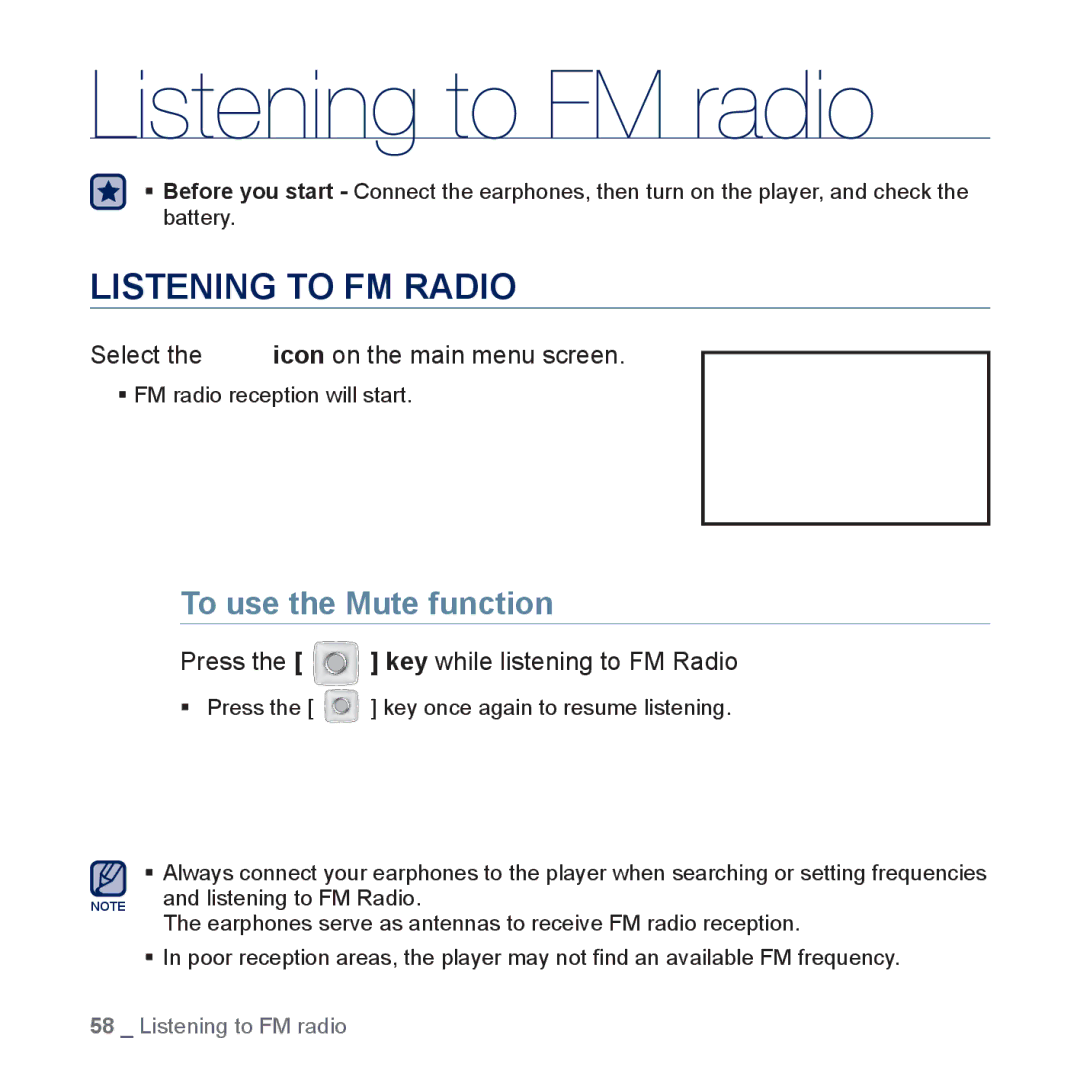 Samsung YP-CP3AB/EDC, YP-CP3ABB/XEF, YP-CP3AB/XEF Listening to FM radio, Listening to FM Radio, To use the Mute function 