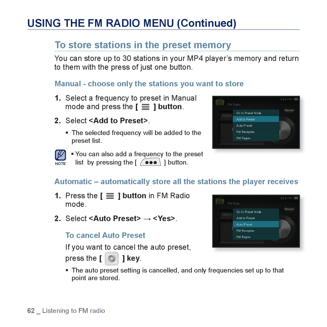 Samsung YP-CP3AB/EDC, YP-CP3ABB/XEF Using the FM Radio Menu, To store stations in the preset memory, To cancel Auto Preset 