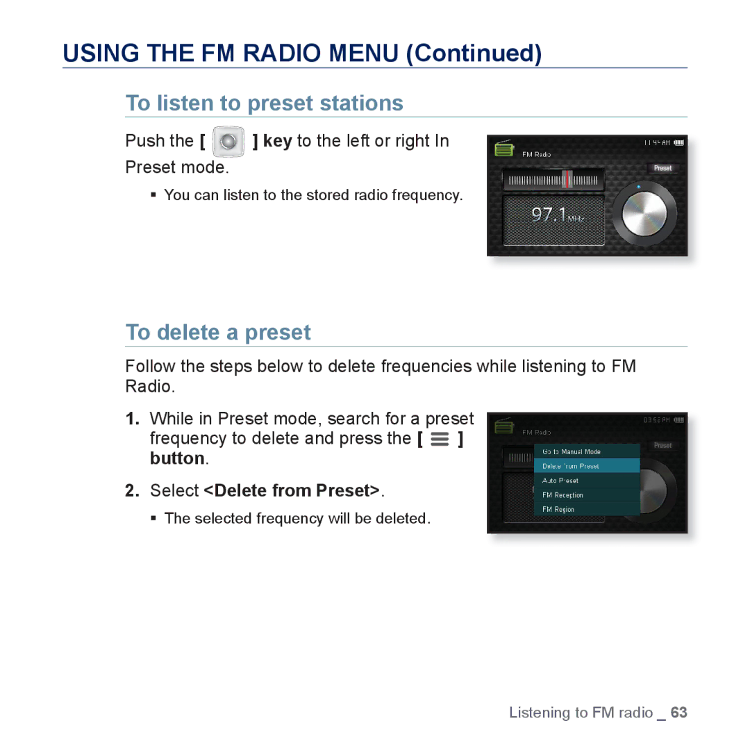 Samsung YP-CP3AB/CHN manual To listen to preset stations, To delete a preset, Push the key to the left or right Preset mode 