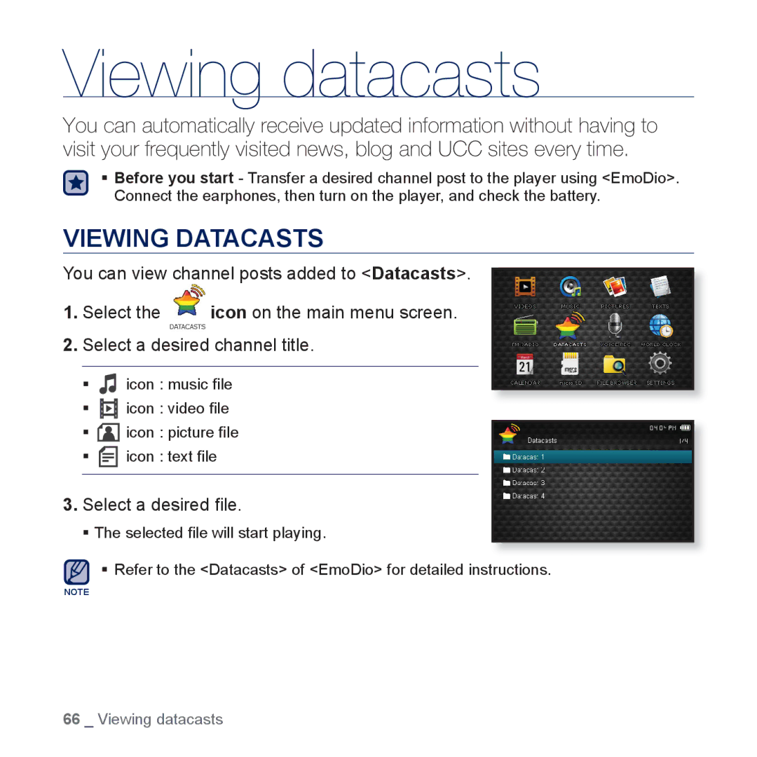 Samsung YP-CP3AB/EDC, YP-CP3ABB/XEF, YP-CP3AB/XEF, YP-CP3AB/CHN manual Viewing datacasts, Viewing Datacasts 