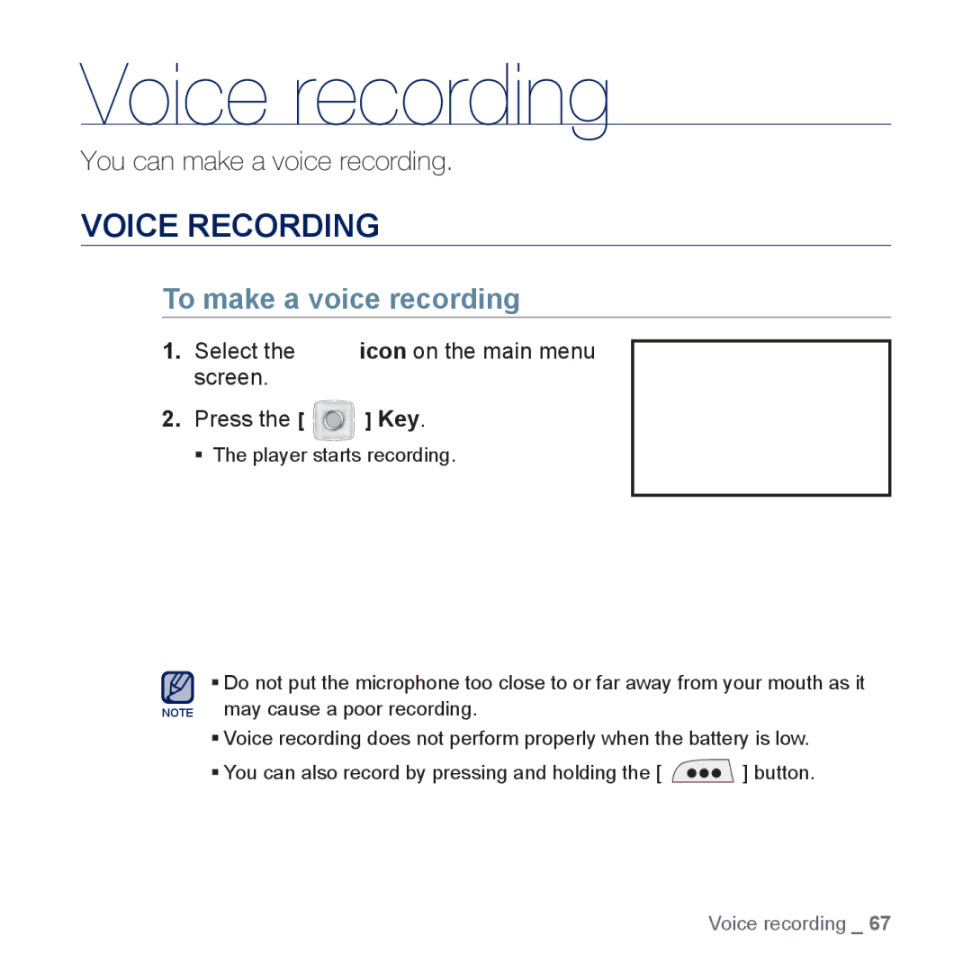 Samsung YP-CP3AB/CHN, YP-CP3ABB/XEF, YP-CP3AB/XEF, YP-CP3AB/EDC Voice recording, Voice Recording, To make a voice recording 