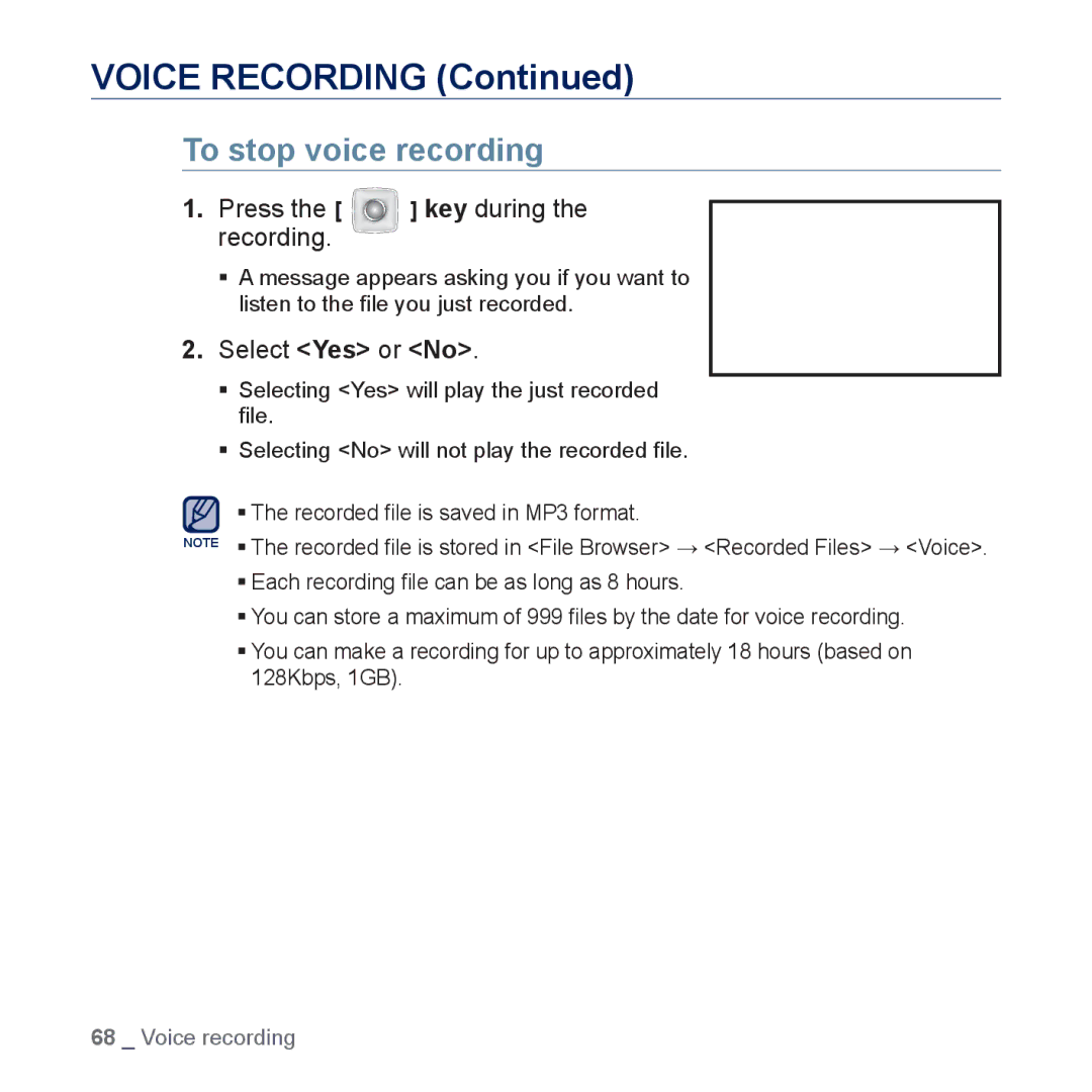 Samsung YP-CP3ABB/XEF manual Voice Recording, To stop voice recording, Press the key during the recording, Select Yes or No 