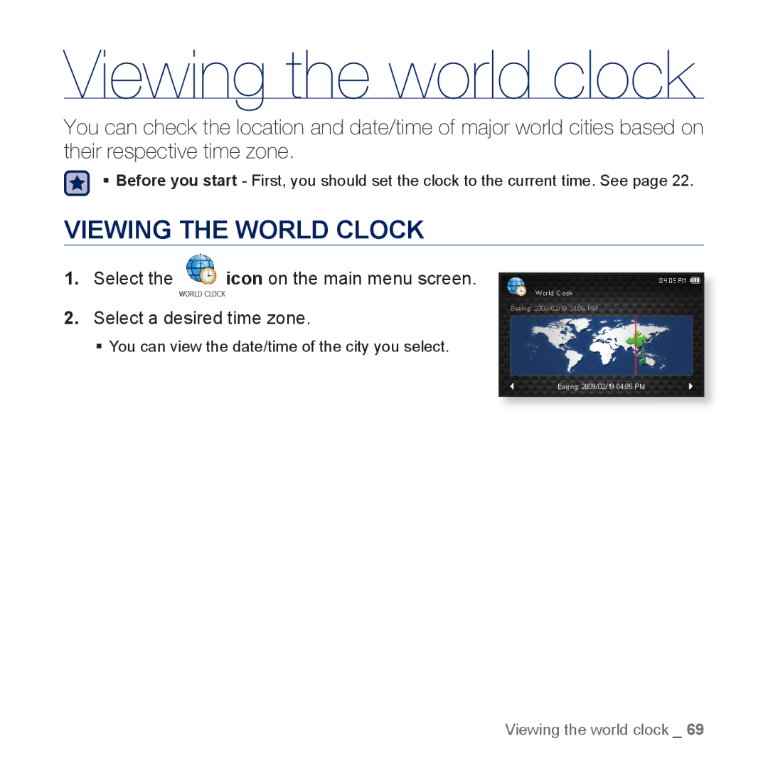 Samsung YP-CP3AB/XEF, YP-CP3ABB/XEF, YP-CP3AB/EDC, YP-CP3AB/CHN manual Viewing the world clock, Viewing the World Clock 