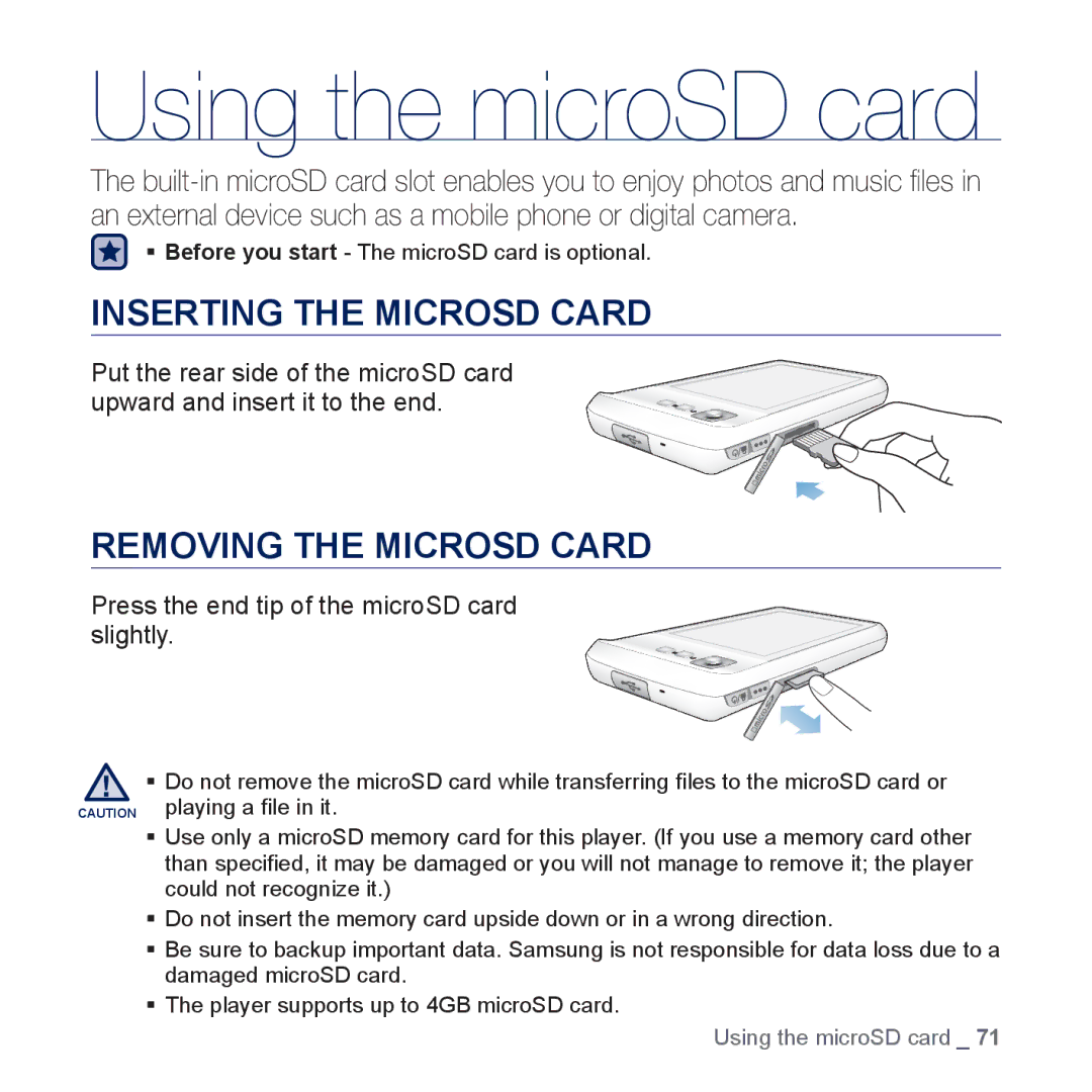 Samsung YP-CP3AB/CHN, YP-CP3ABB/XEF manual Using the microSD card, Inserting the Microsd Card, Removing the Microsd Card 