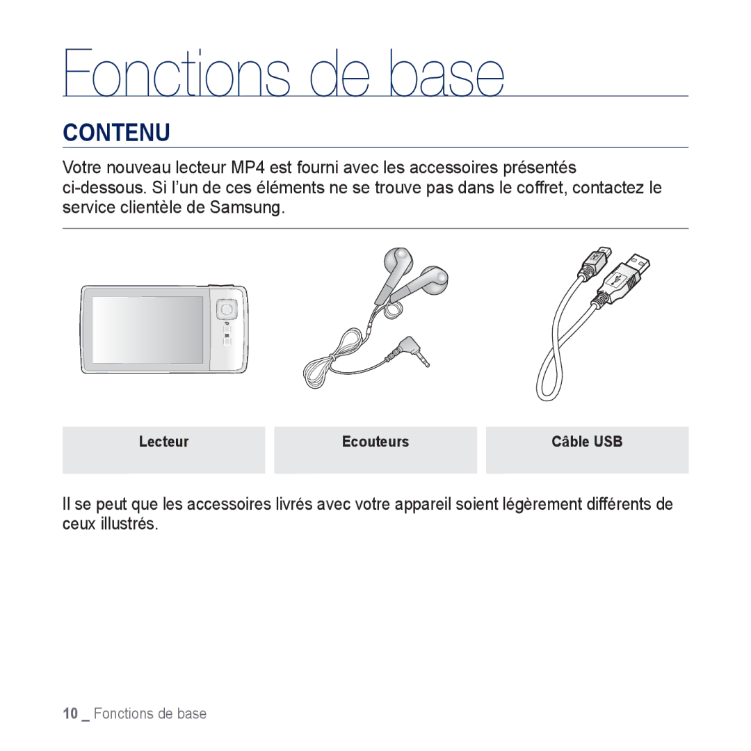 Samsung YP-CP3ABB/XEF, YP-CP3AB/XEF manual Fonctions de base, Contenu 