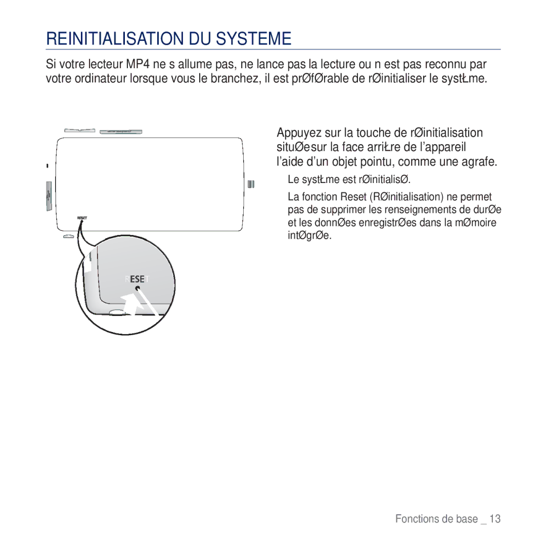 Samsung YP-CP3AB/XEF, YP-CP3ABB/XEF manual Reinitialisation DU Systeme 