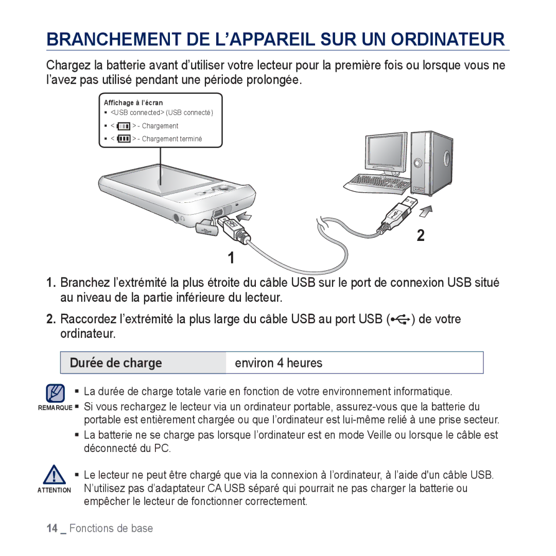 Samsung YP-CP3ABB/XEF, YP-CP3AB/XEF manual Branchement DE L’APPAREIL SUR UN Ordinateur, Durée de charge Environ 4 heures 