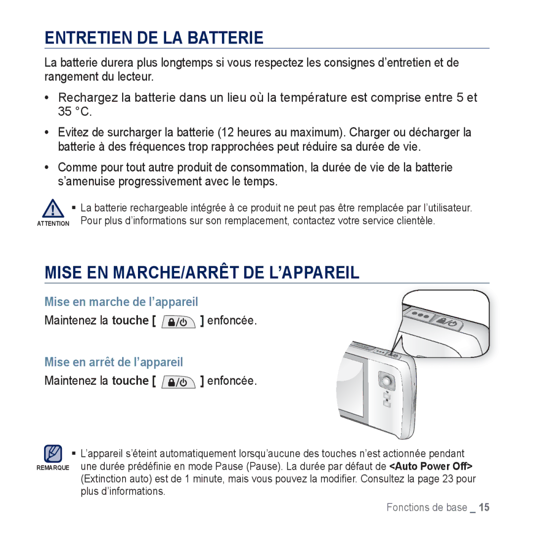 Samsung YP-CP3AB/XEF manual Entretien DE LA Batterie, Mise EN MARCHE/ARRÊT DE L’APPAREIL, Mise en marche de l’appareil 