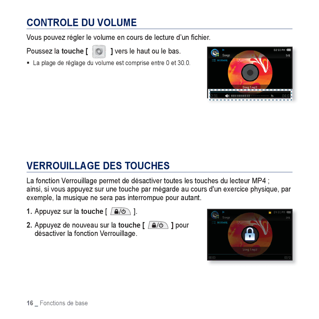 Samsung YP-CP3ABB/XEF, YP-CP3AB/XEF manual Controle DU Volume, Verrouillage DES Touches 