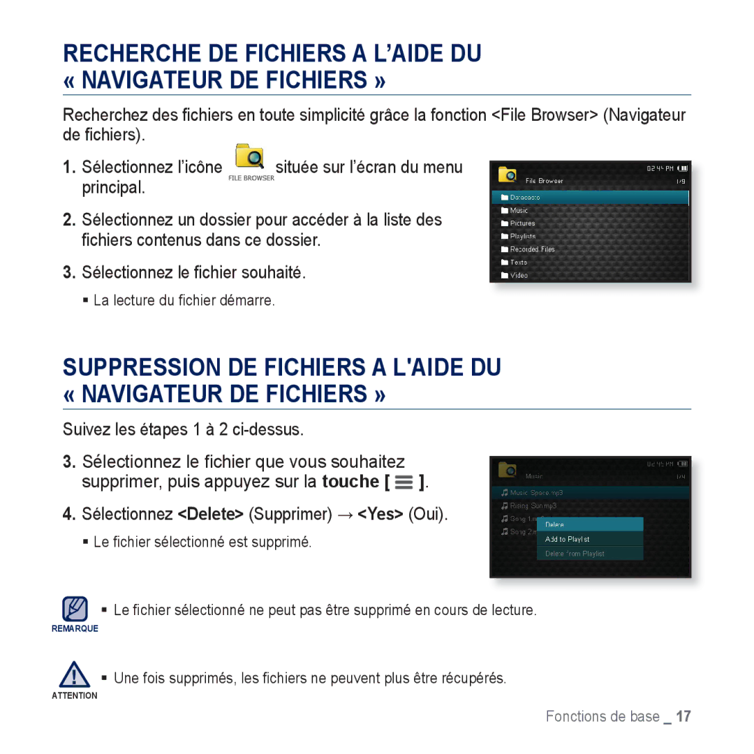 Samsung YP-CP3AB/XEF, YP-CP3ABB/XEF manual Suivez les étapes 1 à 2 ci-dessus, Sélectionnez Delete Supprimer Yes Oui 