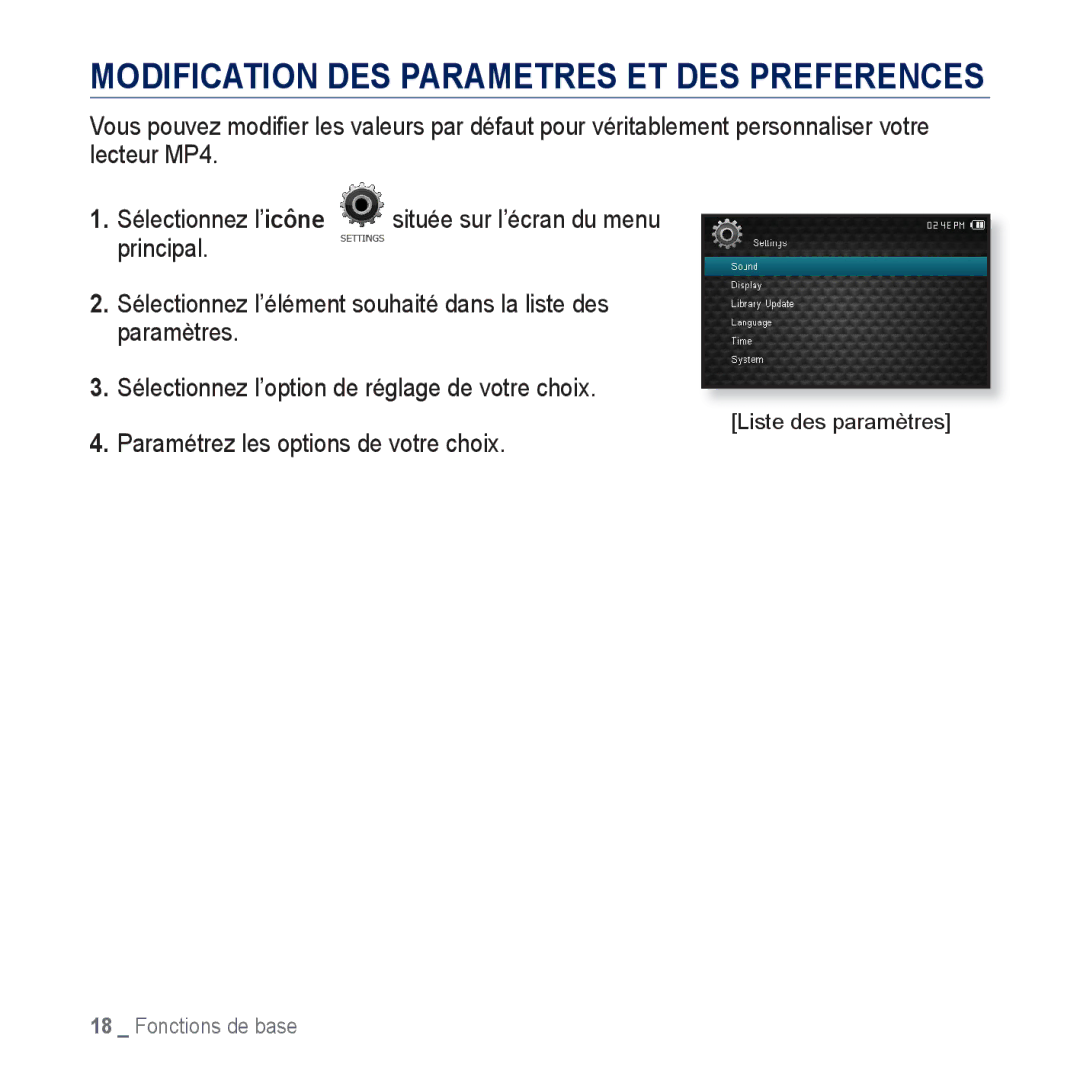 Samsung YP-CP3ABB/XEF, YP-CP3AB/XEF manual Sélectionnez l’icône, Principal, Paramétrez les options de votre choix 