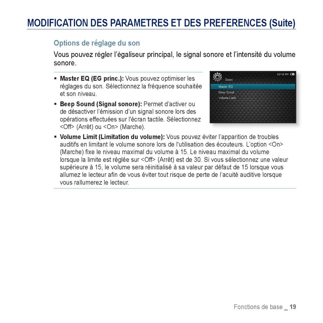 Samsung YP-CP3AB/XEF, YP-CP3ABB/XEF manual Modification DES Parametres ET DES Preferences Suite, Options de réglage du son 