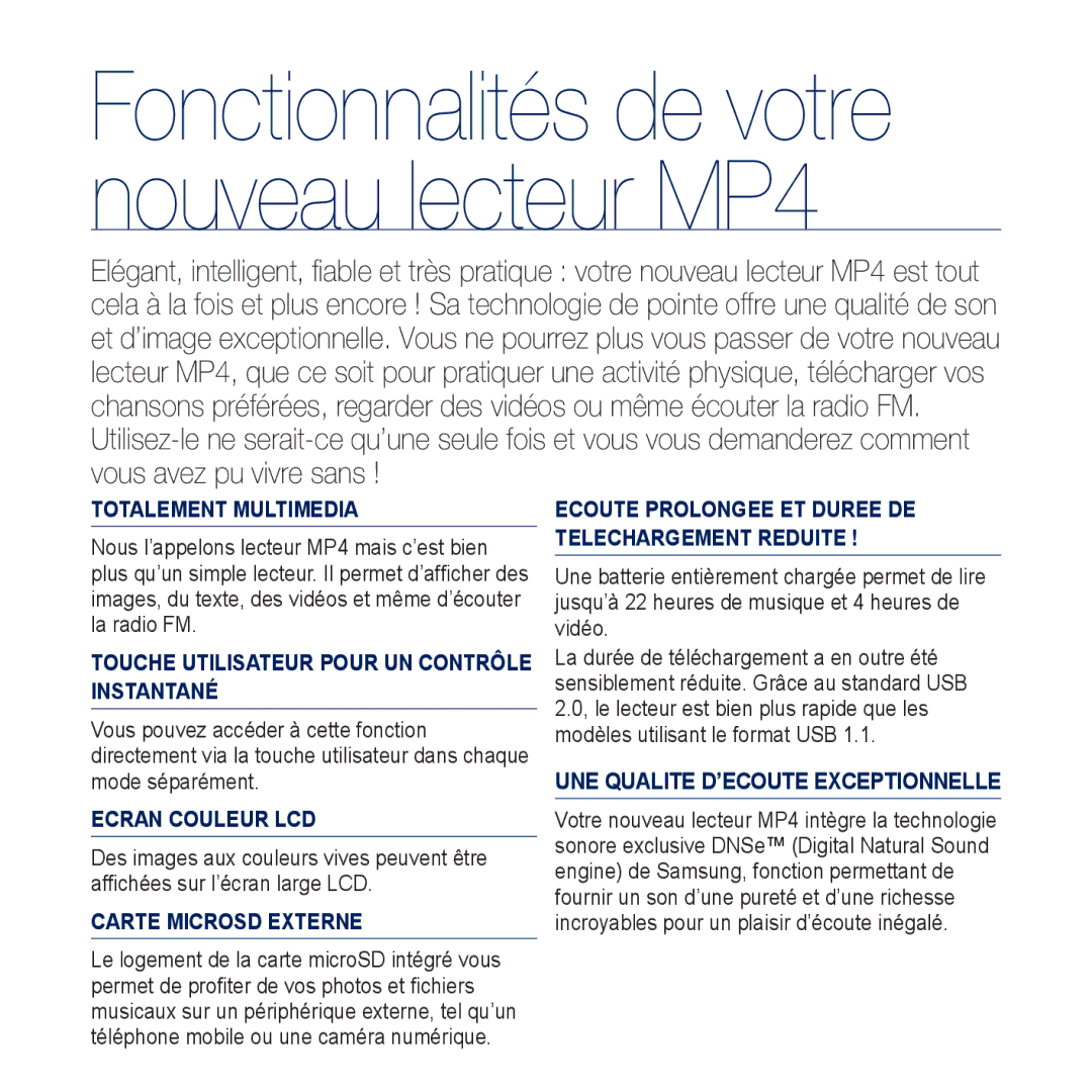 Samsung YP-CP3ABB/XEF, YP-CP3AB/XEF manual Fonctionnalités de votre nouveau lecteur MP4 