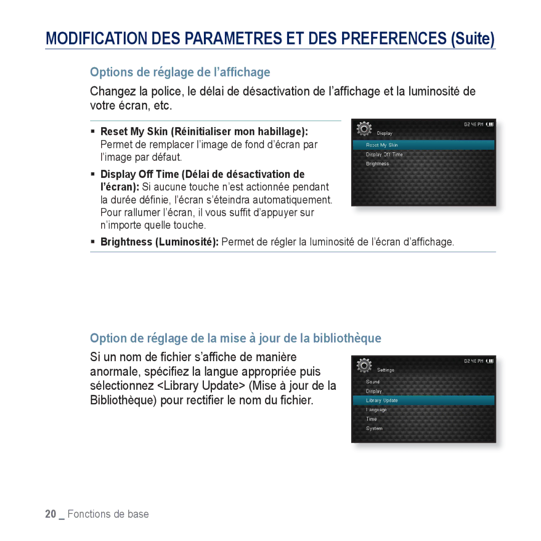 Samsung YP-CP3ABB/XEF manual Options de réglage de l’afﬁchage, Option de réglage de la mise à jour de la bibliothèque 