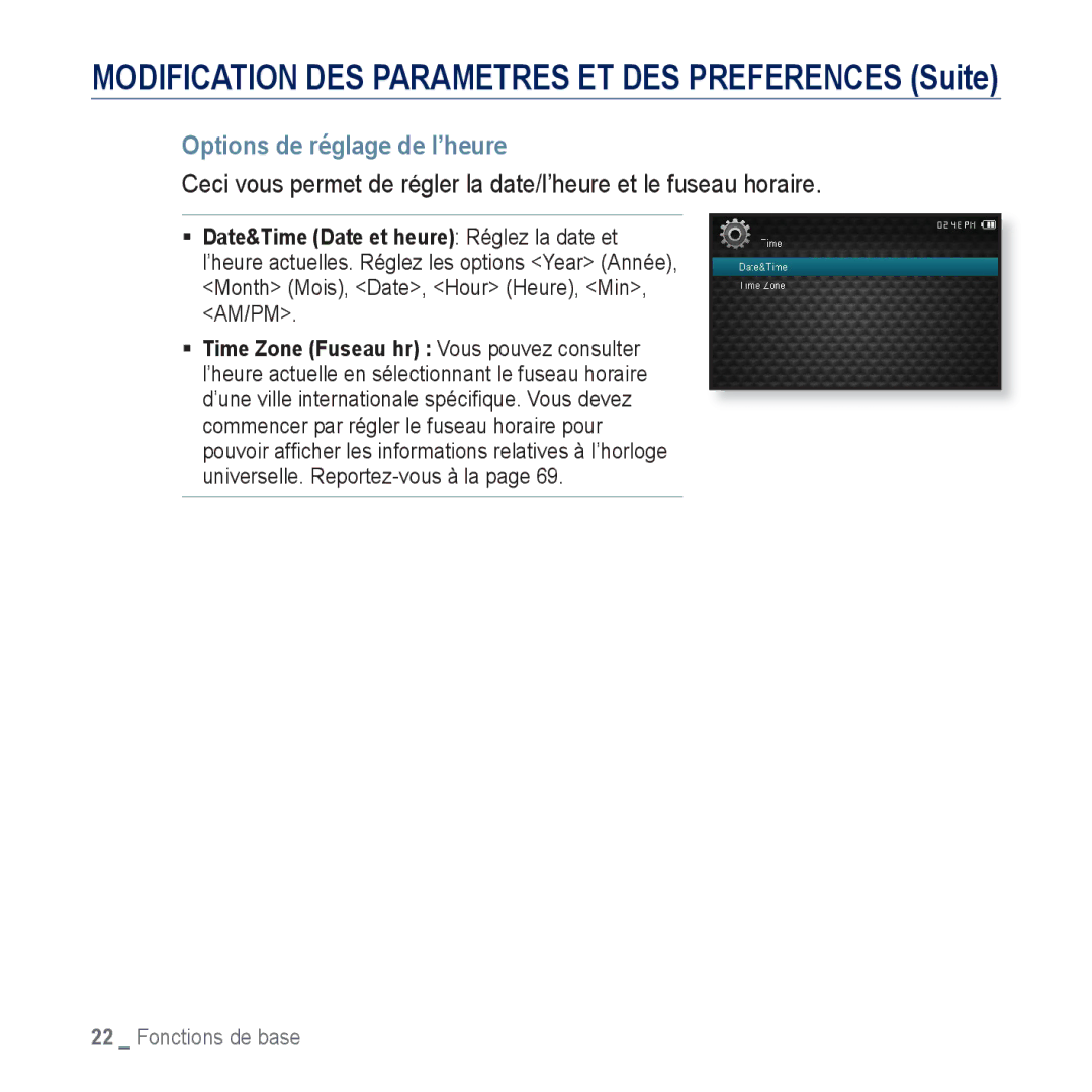 Samsung YP-CP3ABB/XEF, YP-CP3AB/XEF manual Options de réglage de l’heure 