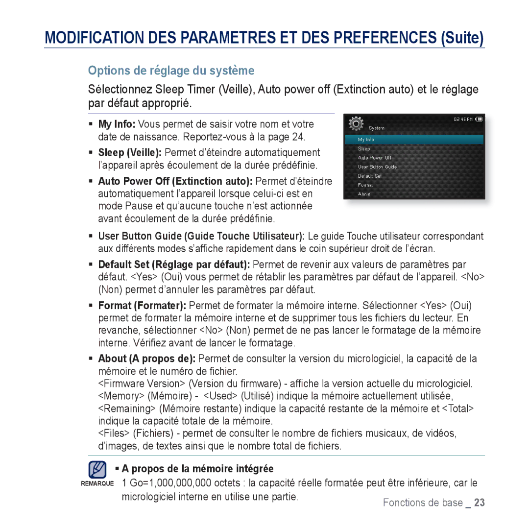 Samsung YP-CP3AB/XEF, YP-CP3ABB/XEF manual Options de réglage du système, ƒ a propos de la mémoire intégrée 