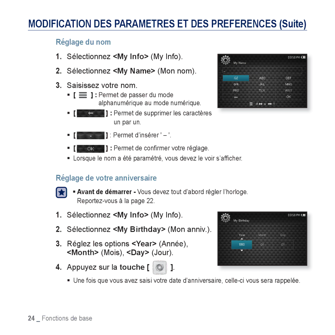 Samsung YP-CP3ABB/XEF, YP-CP3AB/XEF manual Réglage du nom, Réglage de votre anniversaire 