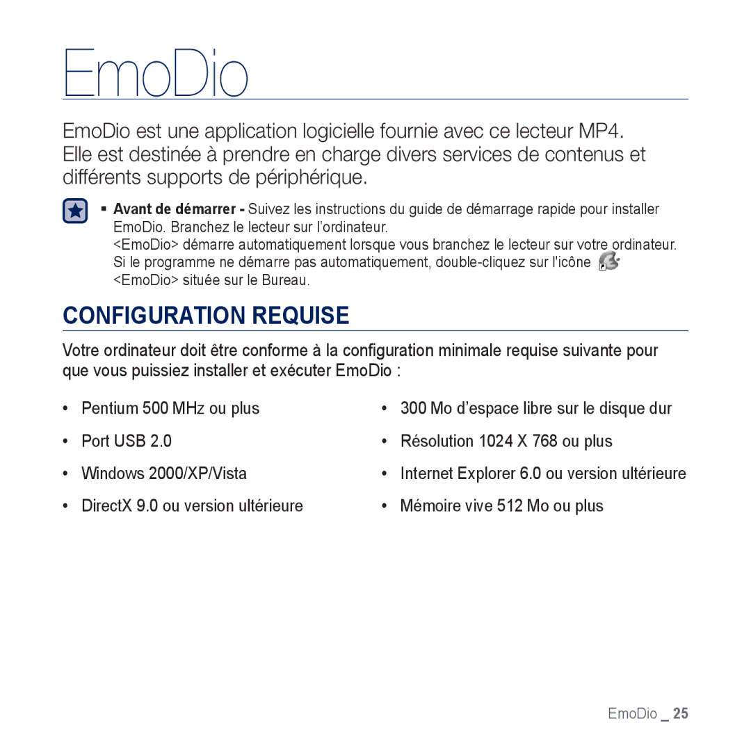 Samsung YP-CP3AB/XEF, YP-CP3ABB/XEF manual EmoDio, Configuration Requise, Pentium 500 MHz ou plus 