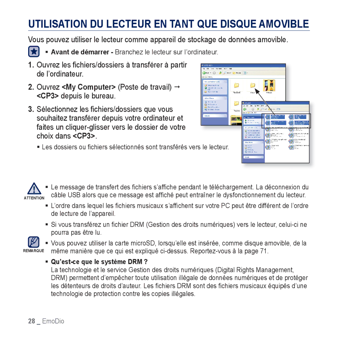 Samsung YP-CP3ABB/XEF, YP-CP3AB/XEF manual Utilisation DU Lecteur EN Tant QUE Disque Amovible 