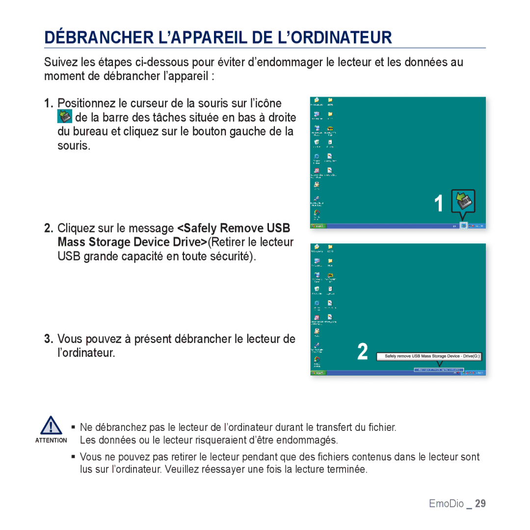 Samsung YP-CP3AB/XEF Débrancher L’APPAREIL DE L’ORDINATEUR, Vous pouvez à présent débrancher le lecteur de ’ordinateur.2 