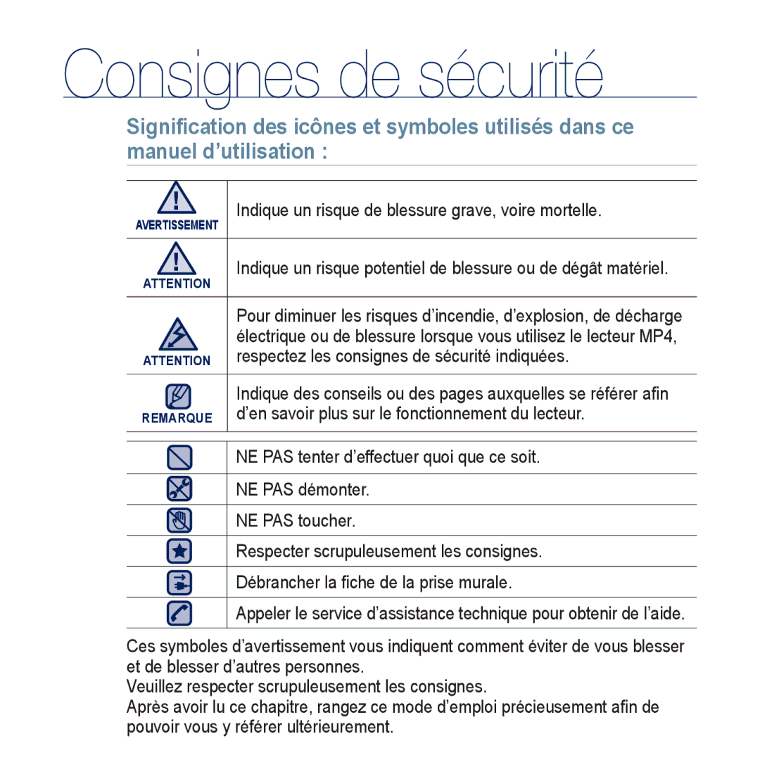 Samsung YP-CP3AB/XEF, YP-CP3ABB/XEF manual Consignes de sécurité, Indique un risque de blessure grave, voire mortelle 