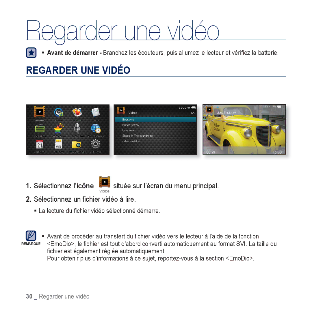 Samsung YP-CP3ABB/XEF, YP-CP3AB/XEF manual Regarder une vidéo, Regarder UNE Vidéo 