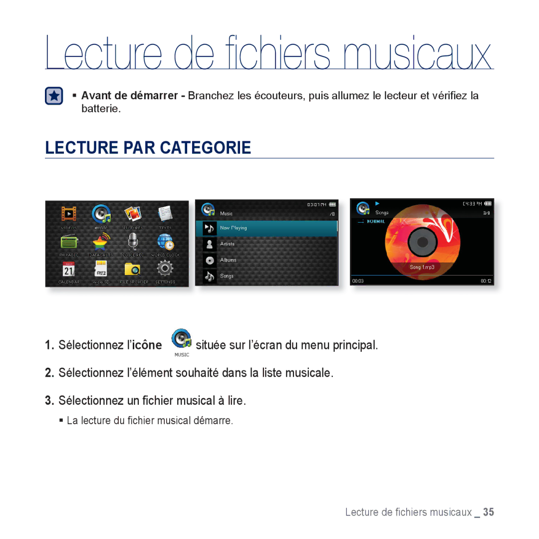 Samsung YP-CP3AB/XEF, YP-CP3ABB/XEF manual Lecture de ﬁchiers musicaux, Lecture PAR Categorie 