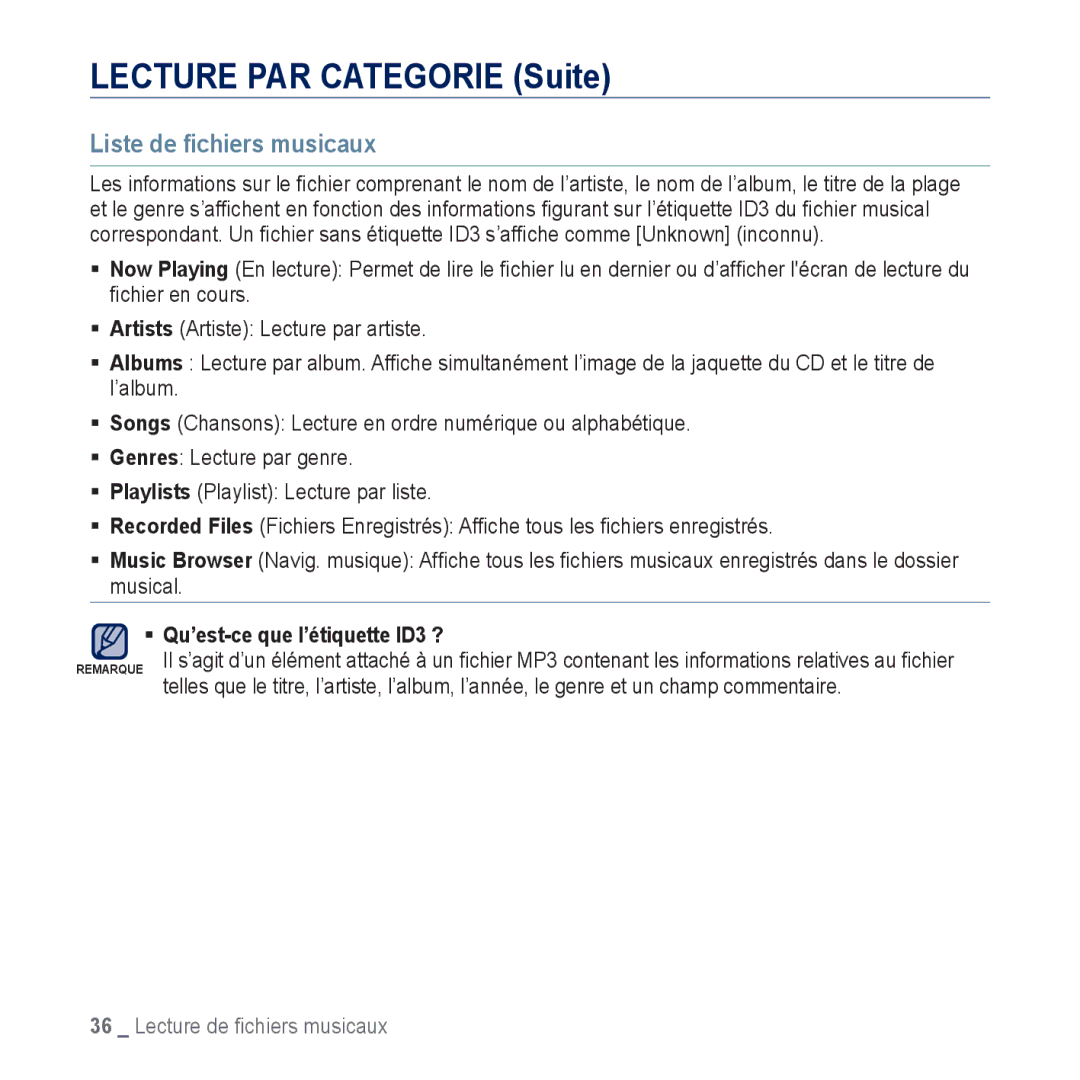 Samsung YP-CP3ABB/XEF, YP-CP3AB/XEF manual Lecture PAR Categorie Suite, Liste de ﬁchiers musicaux 