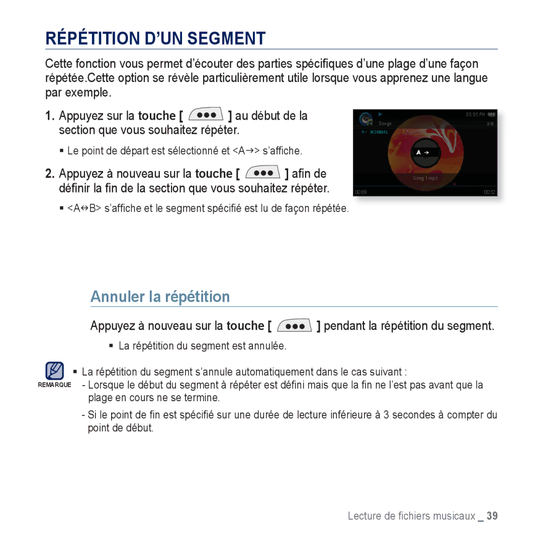 Samsung YP-CP3AB/XEF, YP-CP3ABB/XEF manual Répétition D’UN Segment, Annuler la répétition 