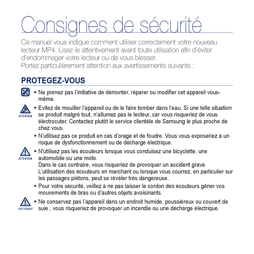 Samsung YP-CP3ABB/XEF, YP-CP3AB/XEF manual Protegez-Vous 