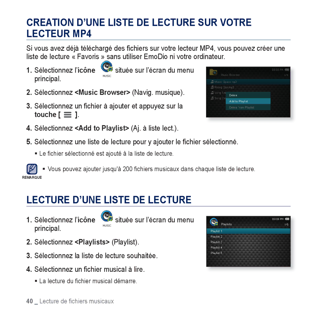 Samsung YP-CP3ABB/XEF, YP-CP3AB/XEF Creation D’UNE Liste DE Lecture SUR Votre Lecteur MP4, Lecture D’UNE Liste DE Lecture 