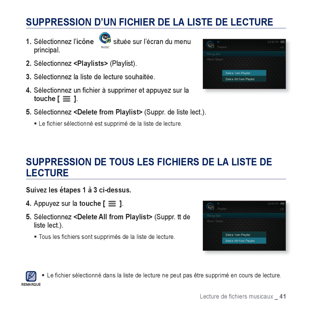 Samsung YP-CP3AB/XEF, YP-CP3ABB/XEF Suppression D’UN Fichier DE LA Liste DE Lecture, Suivez les étapes 1 à 3 ci-dessus 