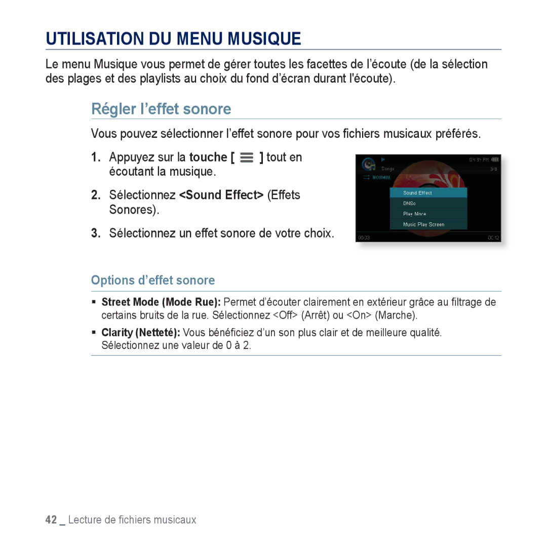 Samsung YP-CP3ABB/XEF manual Utilisation DU Menu Musique, Régler l’effet sonore, Sélectionnez Sound Effect Effets Sonores 