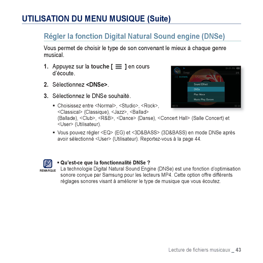 Samsung YP-CP3AB/XEF manual Utilisation DU Menu Musique Suite, Régler la fonction Digital Natural Sound engine DNSe 